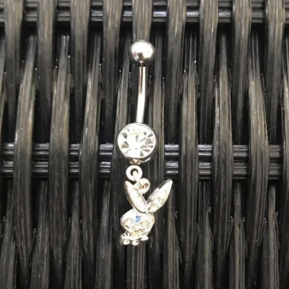 playboy silver crystal belly button navel ring with blue eye
